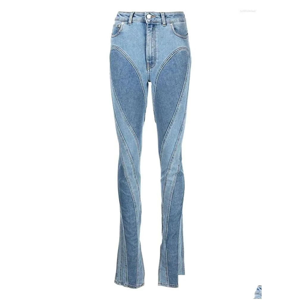 Women`S Jeans Fashion Women Jeans Slim Deconstruct Panelled Work High Waist Split Blue Long Denim Pants Autumn Drop Delivery Apparel Dh97U