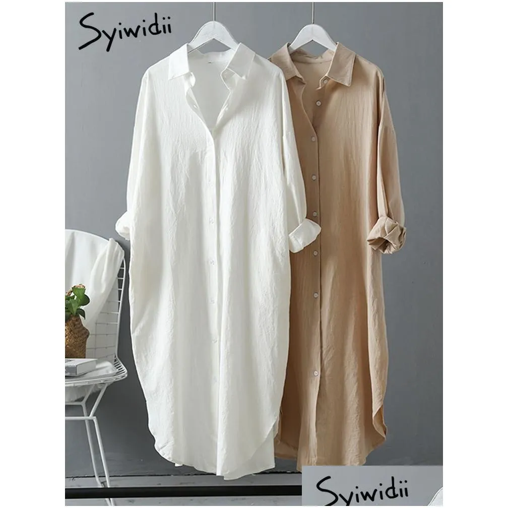 Basic & Casual Dresses Syiwidii White Shirt Dress For Women Linen Cotton Clothing Spring Summer Casual Vintage Oversized Pure Long Mi Dhwto