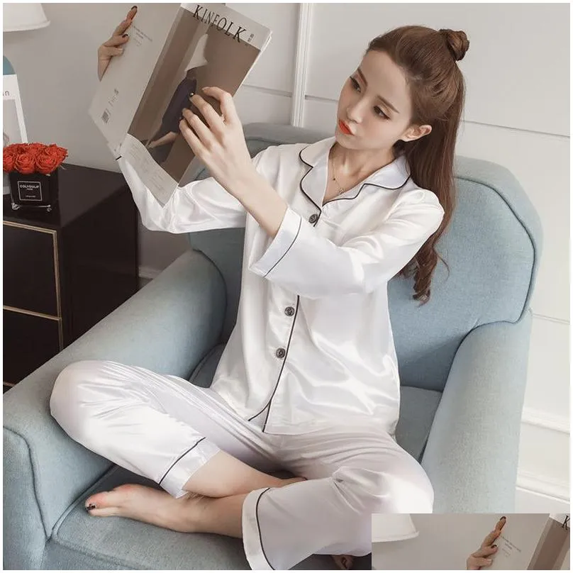 Women`S Sleepwear Women Silk Satin Pyjamas Pajamas Set Long Sleeve Sleepwear Pijama Donna Female Home Wear Night Suit Y Pyjama Femme Dhfyk