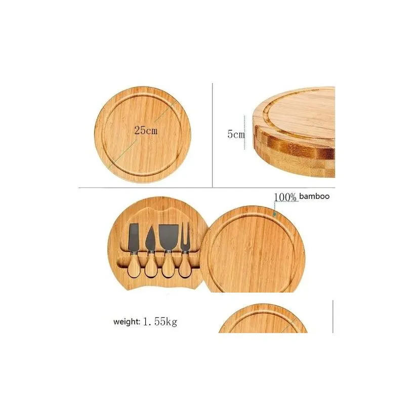 bamboo kitchen tools cheese board and knife set round charcuterie boards swivel meat platter holiday housewarming gift wholesale 522q