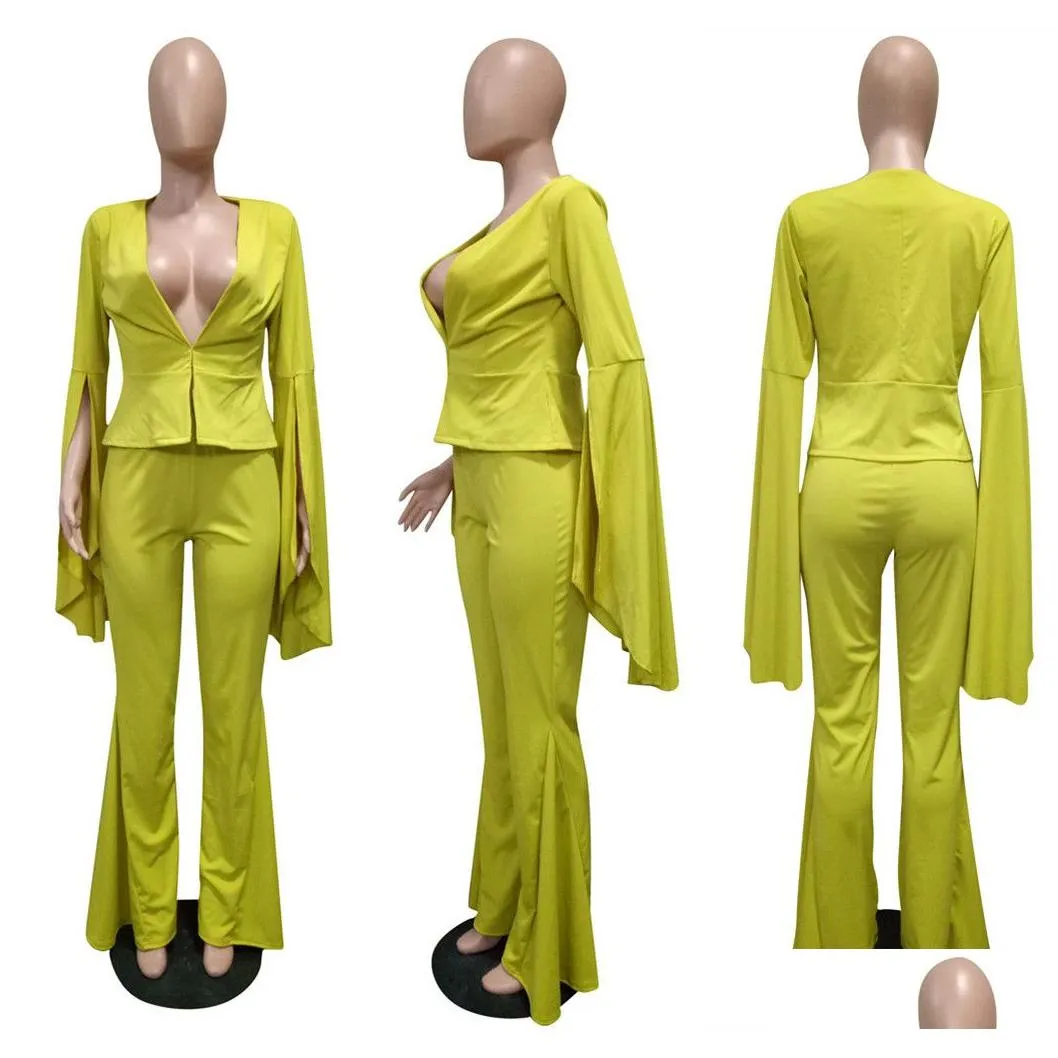 Women`S Two Piece Pants Womens Two Piece Pants Genuo Office Blazer Set Yellow Solid Suit Women Fall Pant Long Sleeve Slim Elegant Dro Dhz3C