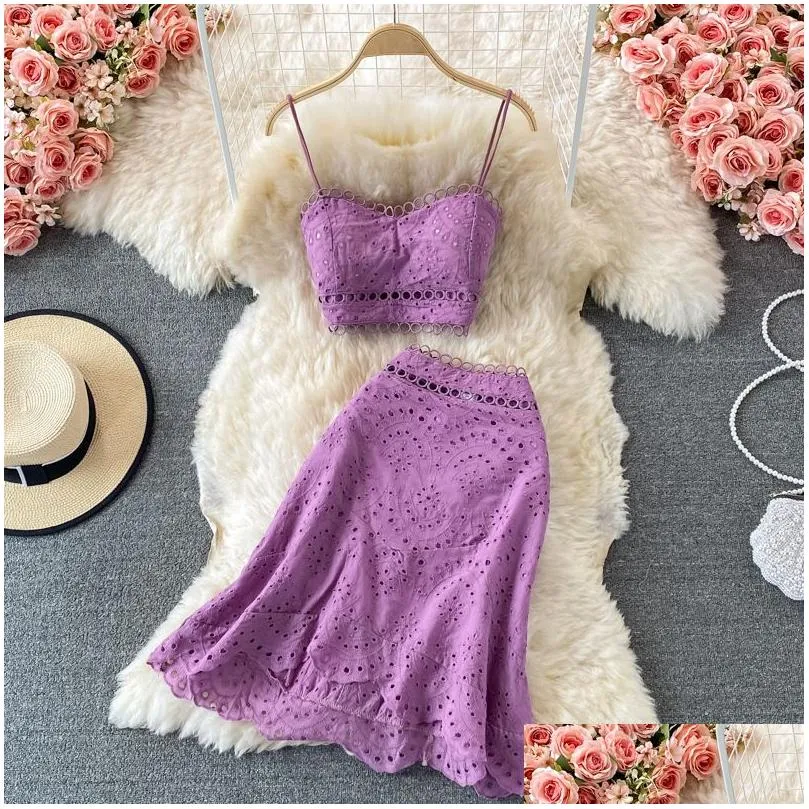 Two Piece Dress Womens Summer Beach Holiday Padded Spaghetti Strapp Vest And High Waist Mermaid Skirt Twinset 2 Pc Dress Suit Ml Drop Dh3R7