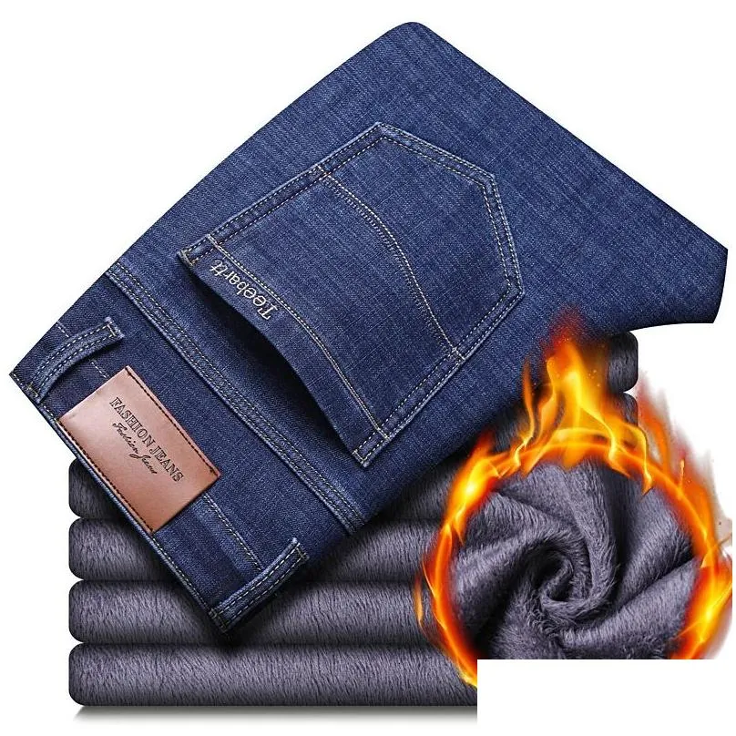 Men`S Jeans Mens Jeans Winter Thermal Warm Flannel Stretch Quality Famous Brand Fleece Pants Men Straight Flocking Trousers Jean Male Dhihb