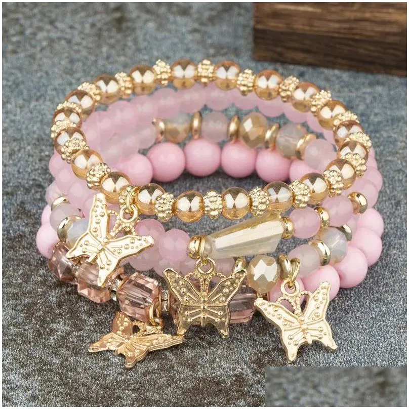 Charm Bracelets Kymyad Bohemia Jewelry Set Crystal Resin Beads Bracelet Gold Color Butterfly Mtilayer Beaded Sets Drop Delivery Dhxyq