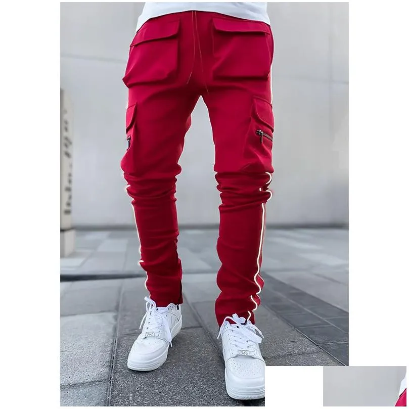 Men`S Pants Godlikeu Cargo Pants Spring And Autumn Mens Stretch Mti-Pocket Reflective Straight Sports Fitness Casual Trousers Joggers Dhb62