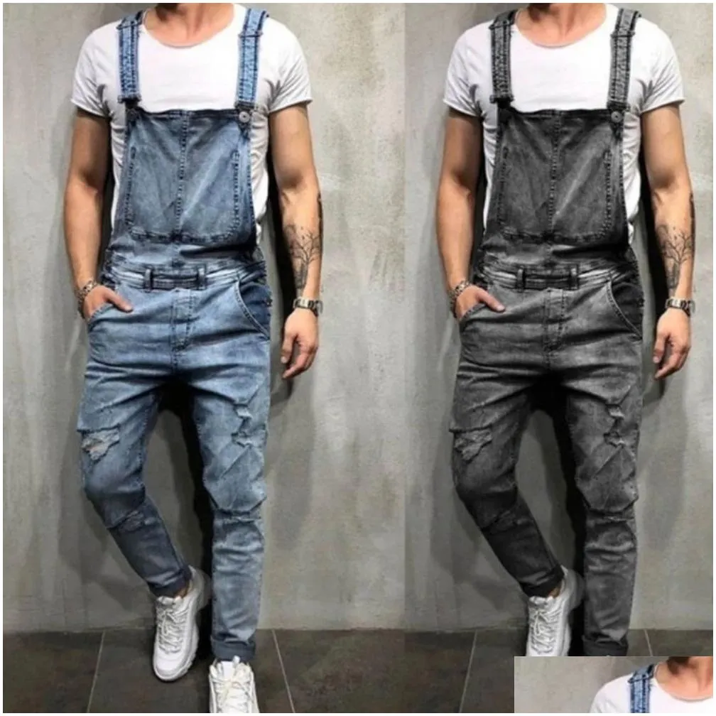 Men`S Jeans Mens Ripped Jeans Jumpsuits High Street Died Denim Bib Overalls For Male Suspender Pants Hip Hop Casual Drop Delivery App Dhyd4