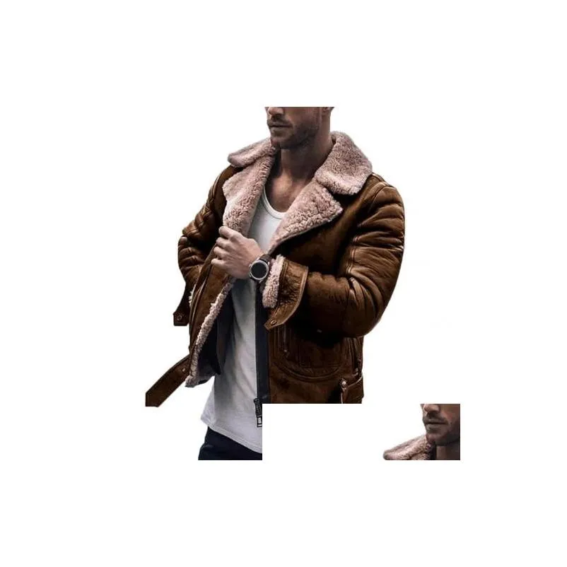 Men`S Jackets Fashion Jacket Men Faux Fur Lapel Collar Long Sleeve Vintage Leather Warm Outwear Motorcycle Coat Drop Delivery Apparel Dhzc2