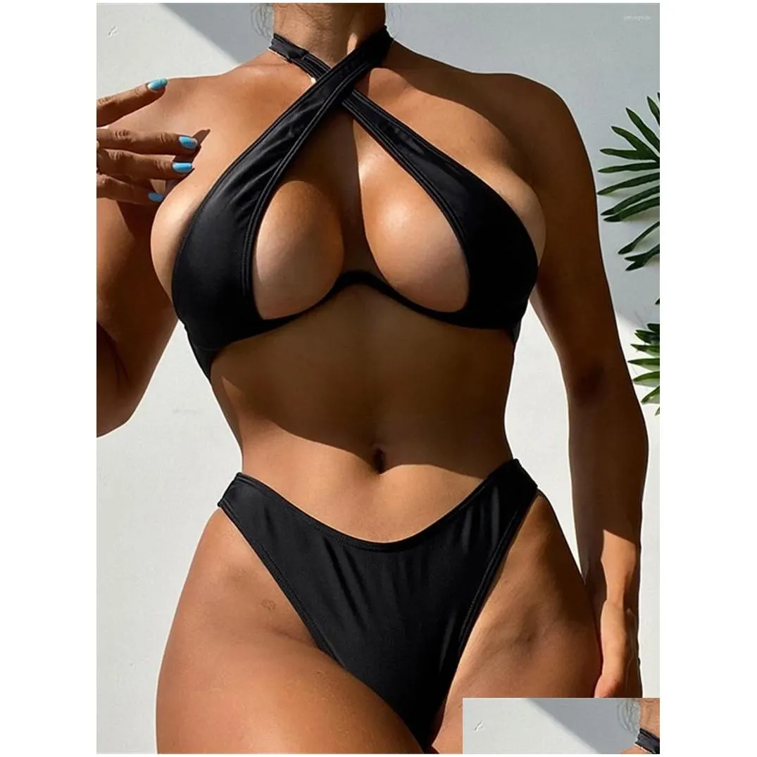 Women`S Swimwear Womens Swimwear Y Halter Cut Out Underwired V-Bar Bikini Women Female Swimsuit Two-Pieces Set Bather Bathing Suit Sw Dharg