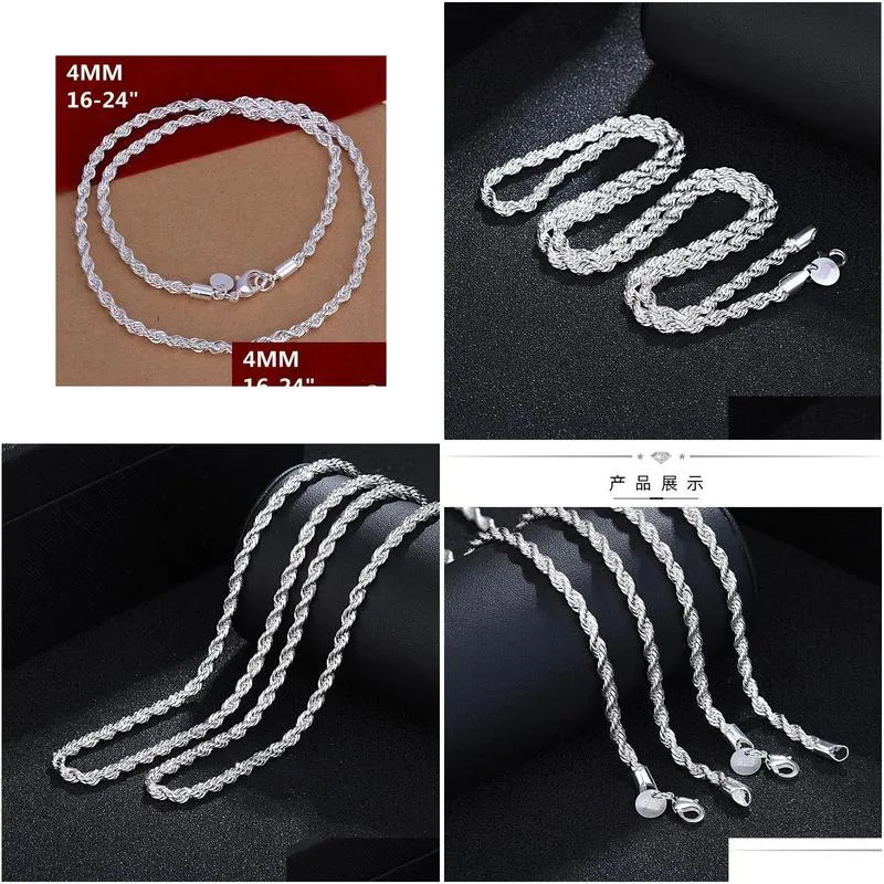 Chains 925 Sterling Sier 16/18/20/22/24 Inch 4Mm Twisted Rope Chain Necklace For Women Man Fashion Wedding Charm Jewelry Drop Deliver Dhmxl