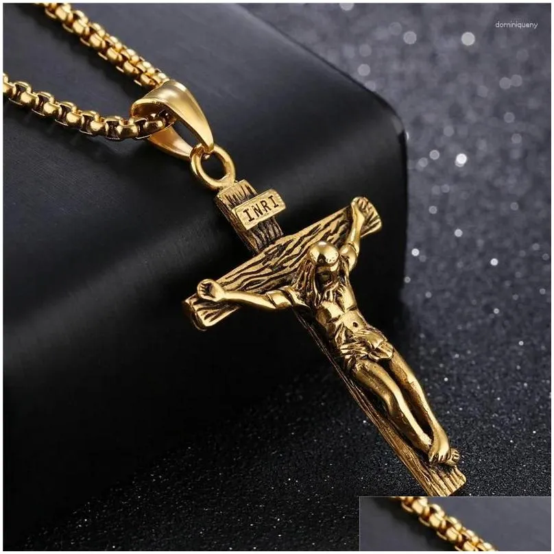 Pendant Necklaces Kotik Cross Inri Crucifix Jesus Piece Necklace Gold Color Stainless Steel Men Chain Christian Jewelry Drop Delivery Dhskk