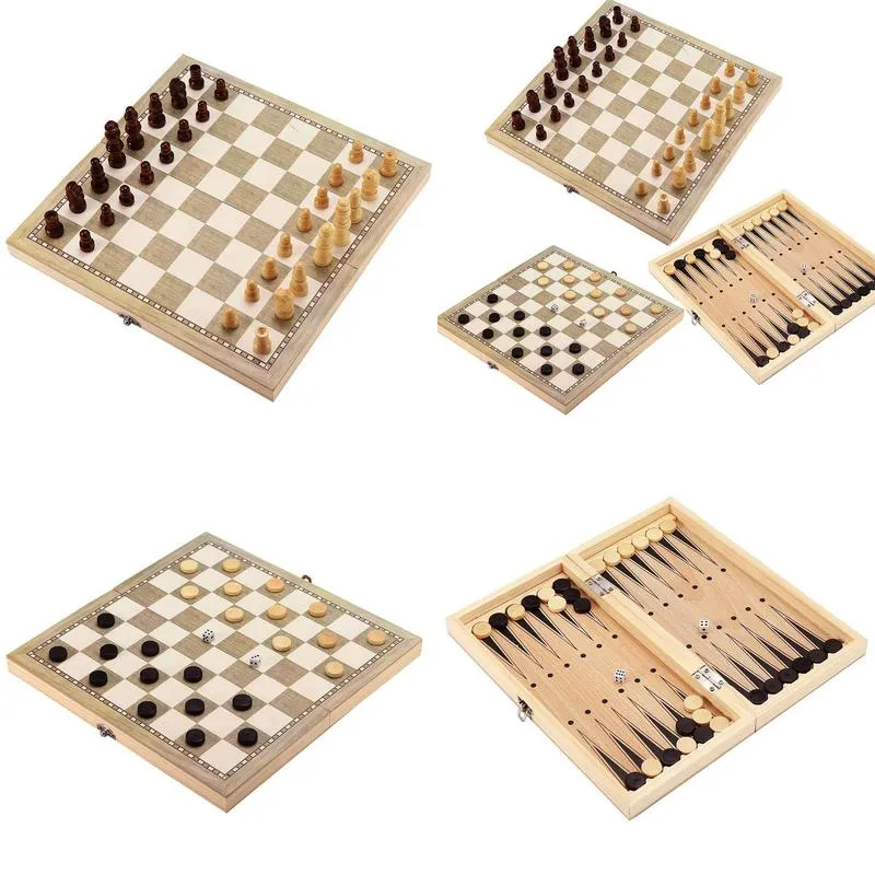 Chess Games 3 In 1 Foldable Wooden Board Set Travel Backgammon Checkers Toy Chessmen Entertainment Game Toys Gift Drop Delivery Dhba7