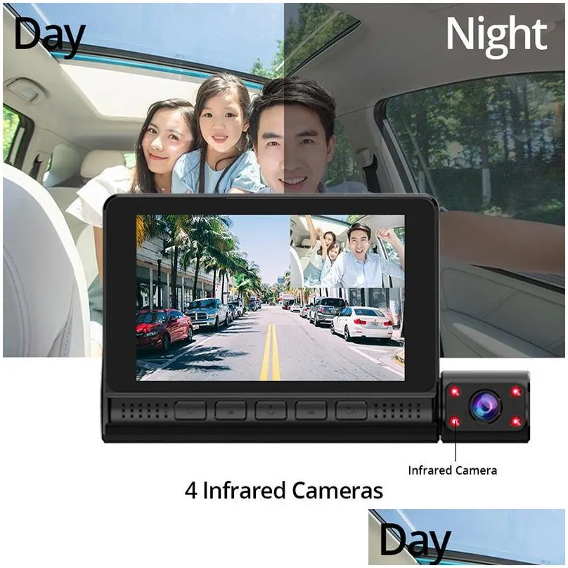 4 inch hd 1080p 3 lens car dvr video recorder dash cam smart g-sensor rear camera 170 degree wide angle ultra resolution front with interior with rear