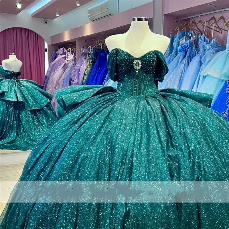 Glitter Emerald Green Quinceanera Dresses 2024 Ball Gown Sweet 16 Dress Crystal Rhinestone Beads Corset Party Gowns Vestido