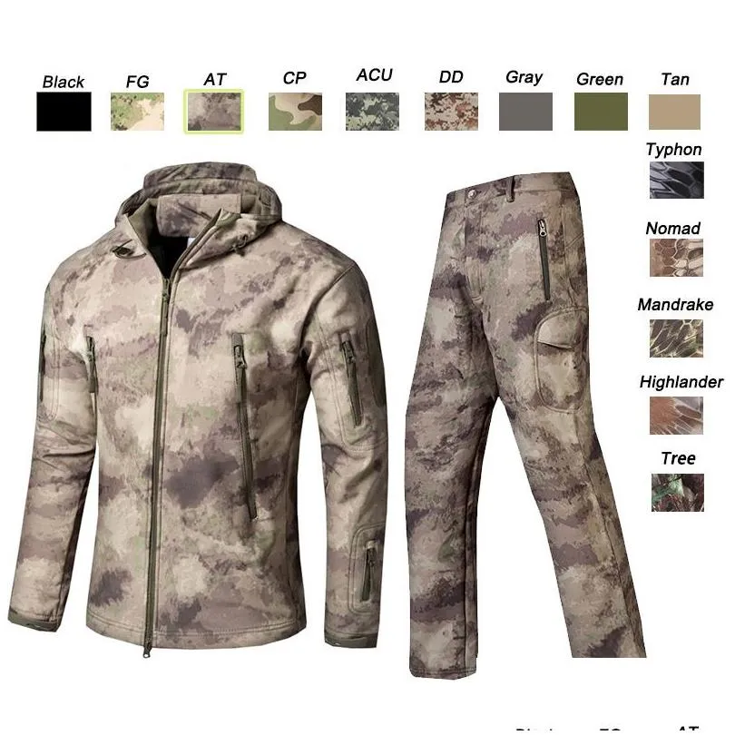 Tactical Jackets Softshell Outdoor Jacket Pants Set Woodland Hunting Shooting Clothing Tactical Camo Coat Combat Camouflage Windbreak Dhamj