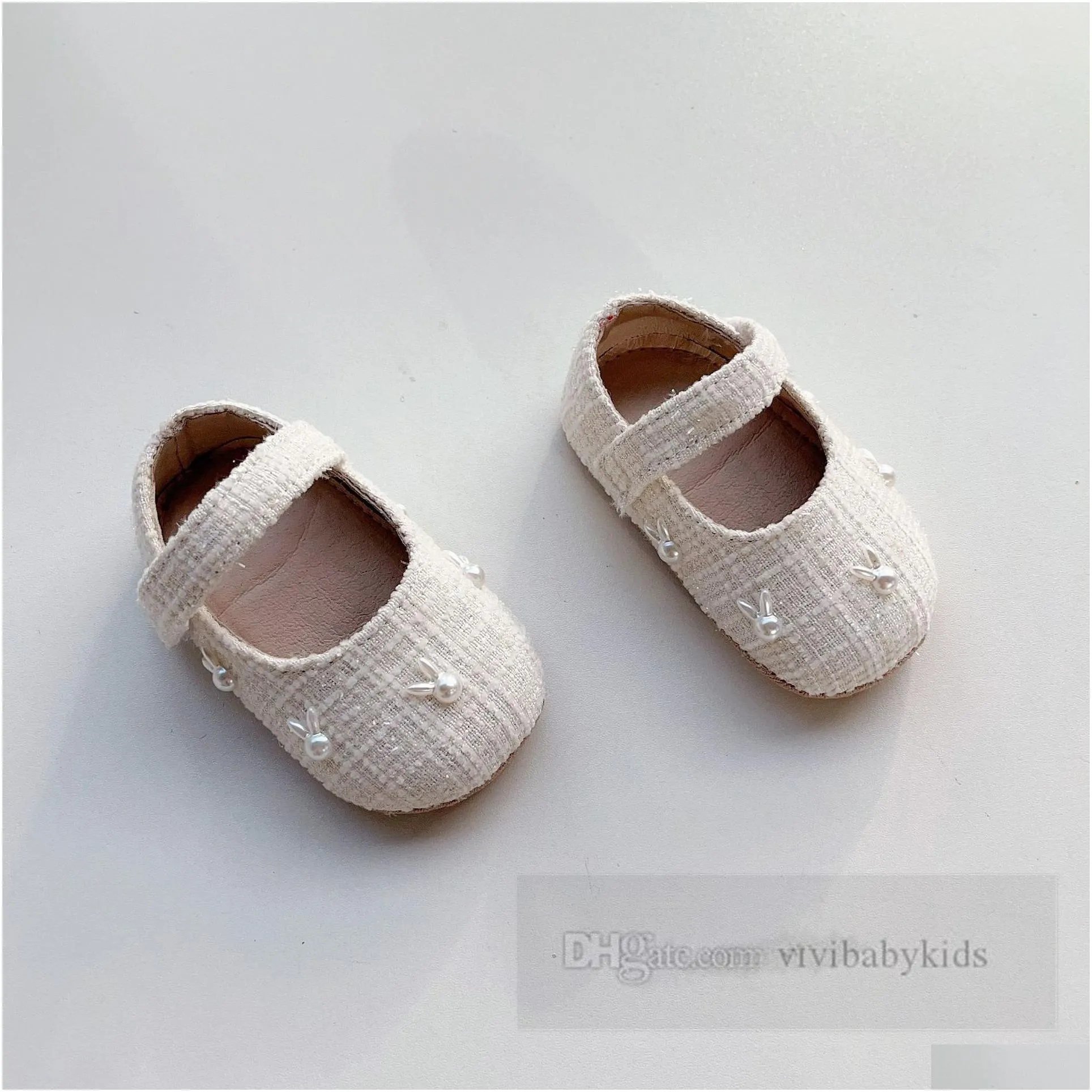 infant girls pearls rabbit applique first walkers baby soft bottoming toddler shose kids plaid non-slip princess shoes z6789