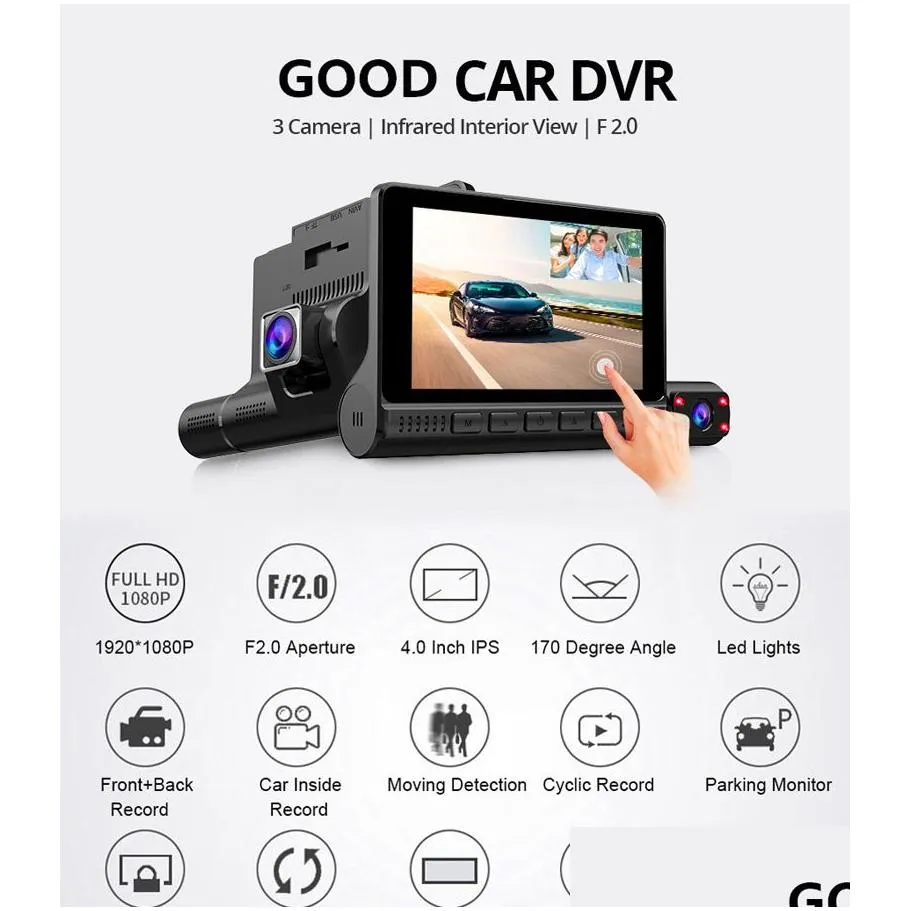 4 inch hd 1080p 3 lens car dvr video recorder dash cam smart g-sensor rear camera 170 degree wide angle ultra resolution front with interior with rear