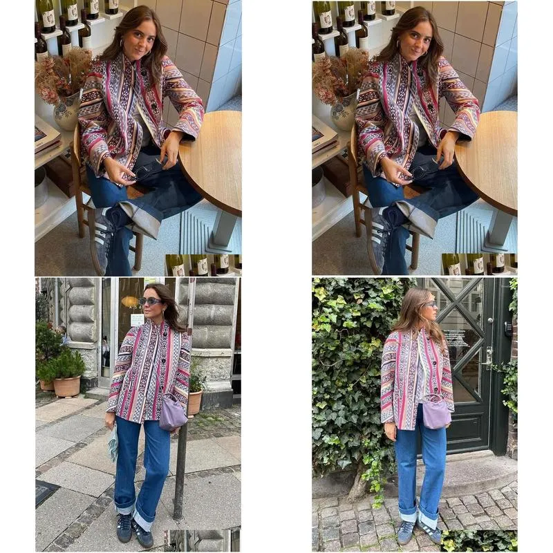 women`s jackets women striped printed button cotton coat long sleeves stand collar female jacket 2024 autumn winter casual lady high