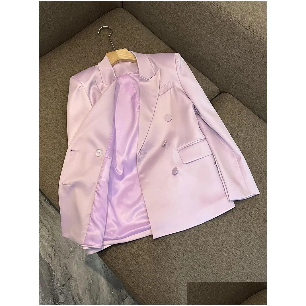 Two Piece Dress 2023 Pink / Green Color Two Piece Dress Sets Long Sleeve Notched-Lapel Single-Breasted Blazers Top High Waist Short S Dhod0