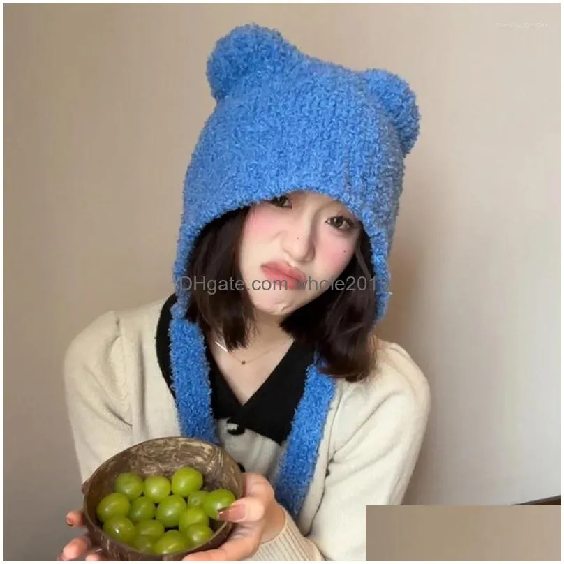 Berets Cute Blue Bear Strap Womens Hats Autumn And Winter Show Face Small Retro Versatile Thermal Ear Protection Knitted Bomber Cap D Dhau9