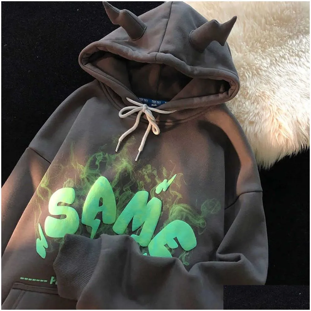 Men`S Hoodies & Sweatshirts Autumn Winter Women Fleece Thicken Hoodies Sweatshirt Y2K Small Horns Hooded New Smoke Mist Print Pair Ho Dhkxz