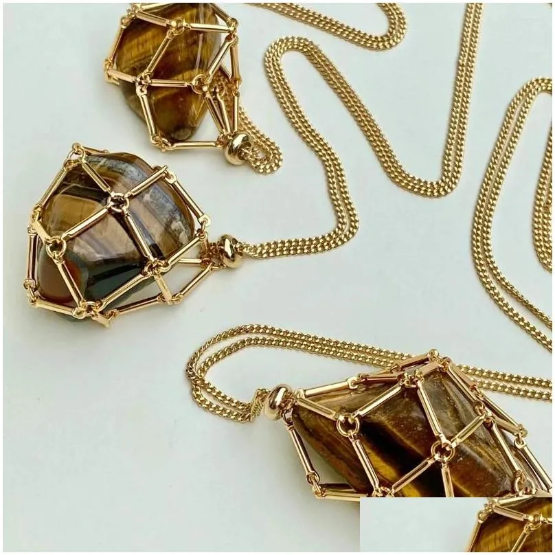 Pendant Necklaces Gold Color Crystal Cage Necklace Holder Metal Chain Empty Gem Stone Keeper Adjustable Stainless Steel Collection Dr Dhmdf