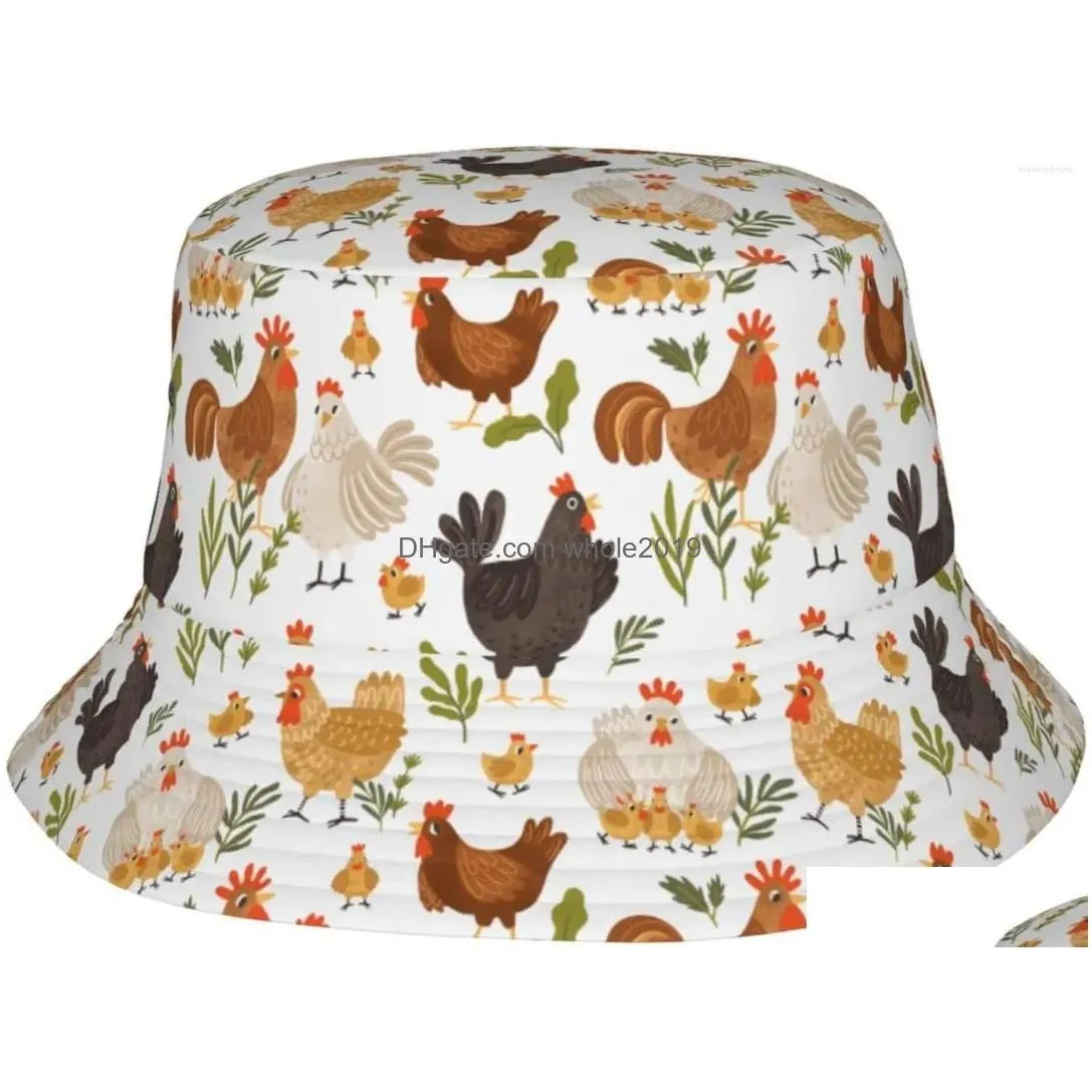 Berets Rooster Hat For Women Men Funny Bucket Hats Summer Fisherman Cap Travel Beach Packable Sun Adts Drop Delivery Dhcdx