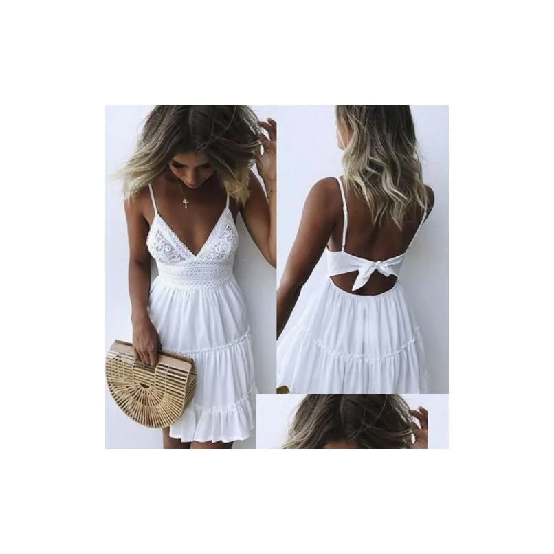 Basic & Casual Dresses Women Summer Black Backless Layers Sweet Boho Short Mini Dress V Neck High Waist Evening Party Beach Dresses S Dh9Ck