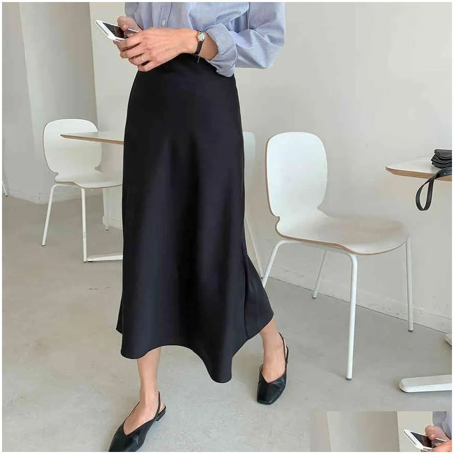 Skirts Korean Casual Skirts Women Silk Skirt Elegant Satin Long Office Lady High Waist Bodycon Faldas Mujer Moda 210412 Drop Delivery Dhf2M