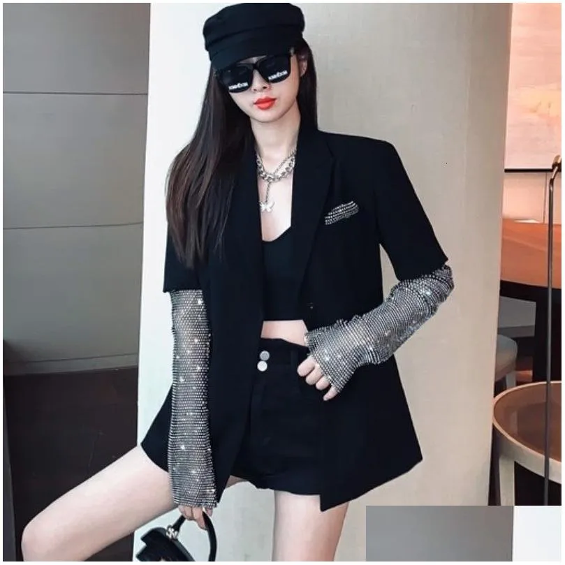 Women`S Suits & Blazers Womens Suits Blazers Fashion Autumn Black Blazer For Women Long Sleeve Diamond Work Elegant Coat Female Cloth Dhgcd