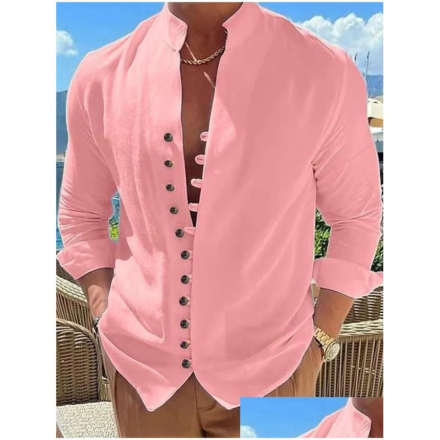 Men`S Casual Shirts Mens Shirt Linen Button Up Casual Summer Black White Pink Long Sleeve Plain Band Collar Spring Fall Daily Vacatio Dh08O
