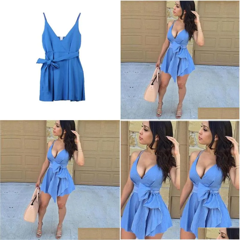 Basic & Casual Dresses Casual Dresses Y Women Deep V Strap Summer Dress Empire Holiday Bowknot Belt Bodycon Slim Demin Blue Mini Plea Dhuti