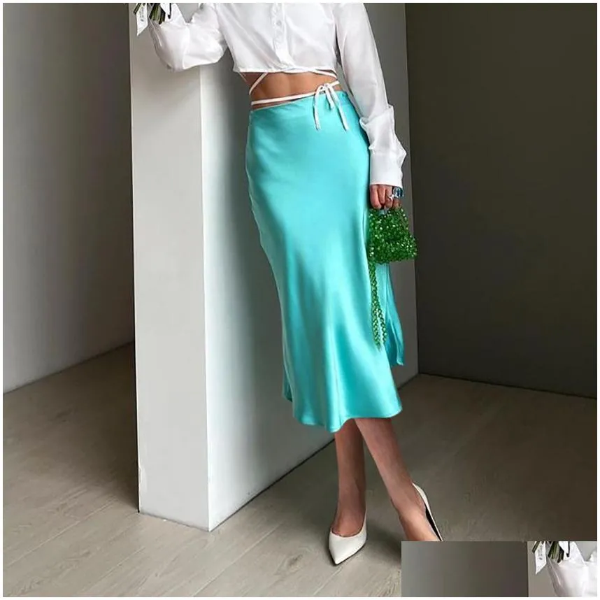 Skirts Summer Solid Purple Satin Silk Skirt Women High Waisted Long New 2023 Elegant Ladies Office Midi Spring Drop Delivery Dhlat