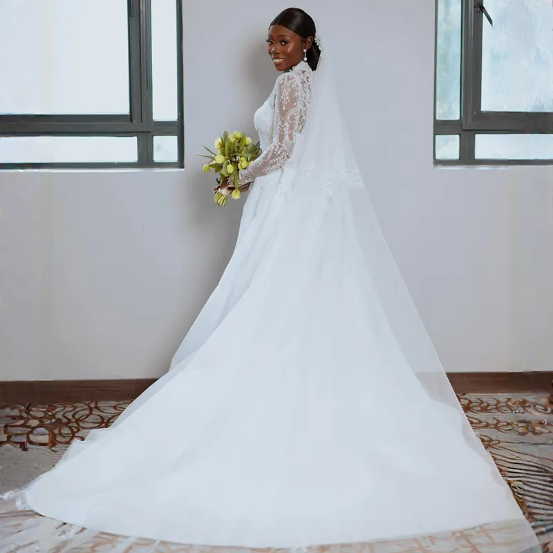 2024 African Sexy Mermaid Wedding Dresses Bridal Gowns Illusion Sweetheart Long Sleeves Lace Appliques Crystal Beads Chapel Train Overskirt Detachable Train