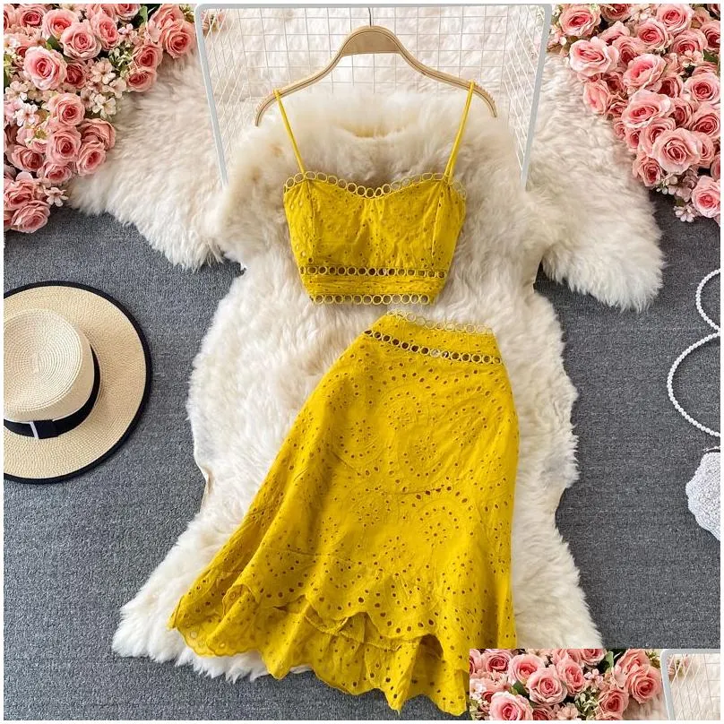 Two Piece Dress Womens Summer Beach Holiday Padded Spaghetti Strapp Vest And High Waist Mermaid Skirt Twinset 2 Pc Dress Suit Ml Drop Dh3R7