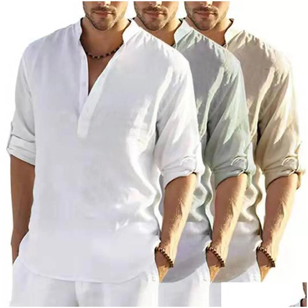 Men`S Casual Shirts Men Loose Button Shirt Fashion V Neck Solid Color Long Sleeve Cuff Belt Summer Casual Daily Tops Camisa Mascin Dr Dh6Lo