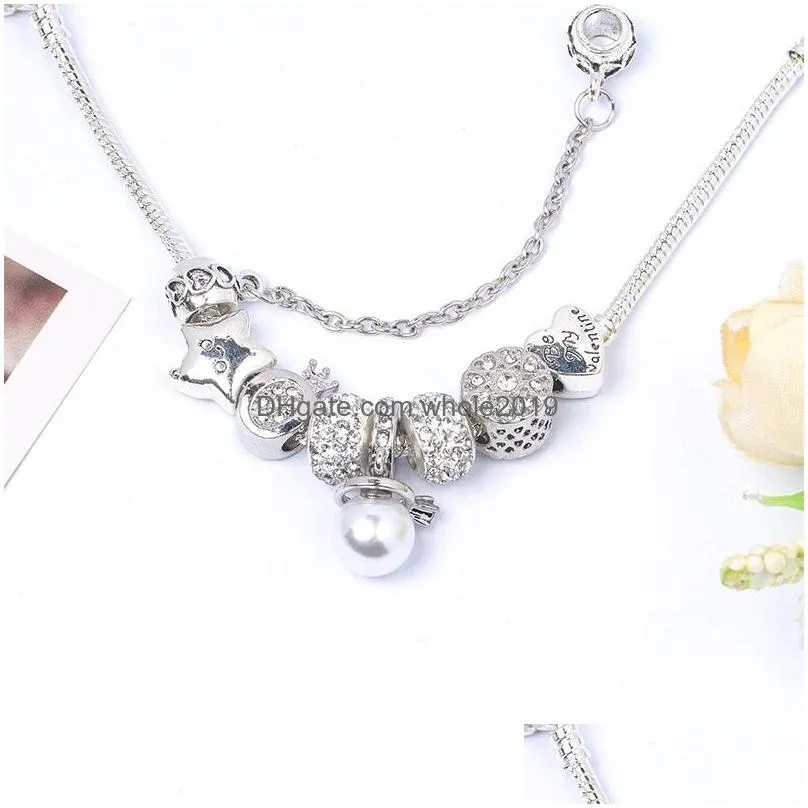 Charm Bracelets New Charm Bracelet White Crystal Pearl Pendant Bowknot European Beads Bangle Fits Bracelets Necklace Drop Delivery Je Dhxxn