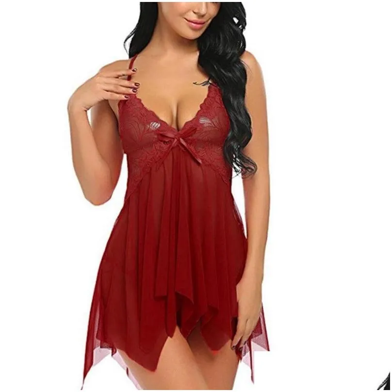 Women`S Sleepwear Womens Sleepwear Lace See Through Visible Mesh Lingerie Babydoll Nightgown With Thong Women Y Nightdress Spaghetti Dhyql