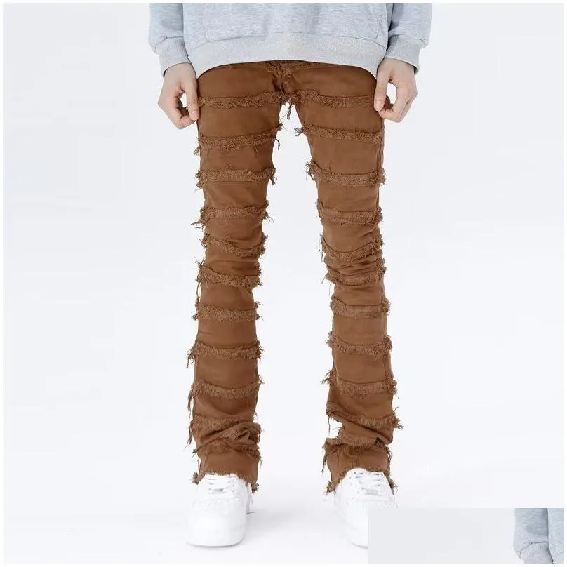 Men`S Jeans Mens Jeans Retro Work Flared Pants Grunge Wild Stacked Ripped Long Trousers Straight Y2K Baggy Washed Faded For Men Drop Dhhn2