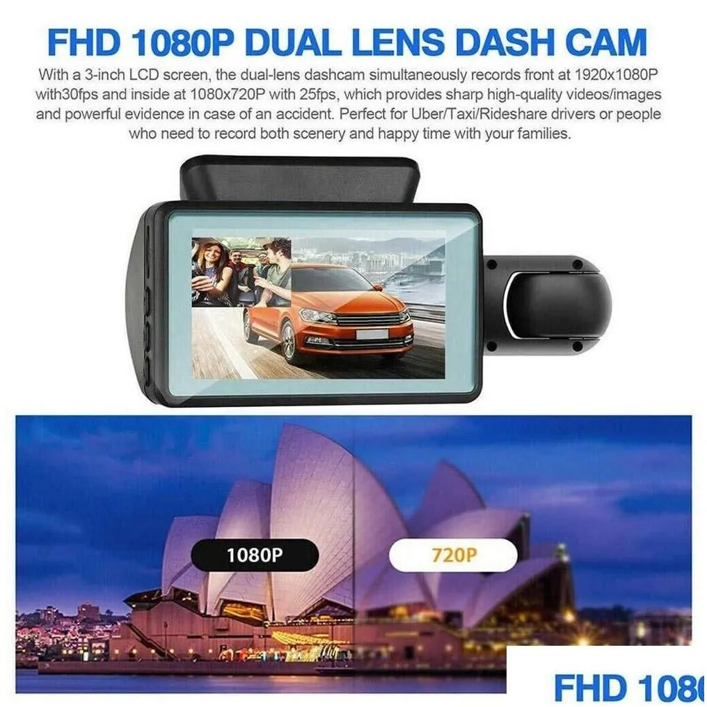 car dvr dvrs 2022 dashcam dual hd inside front rear camera 2 lens recorder recorders dash cam wide angle night visionhkd230701 drop