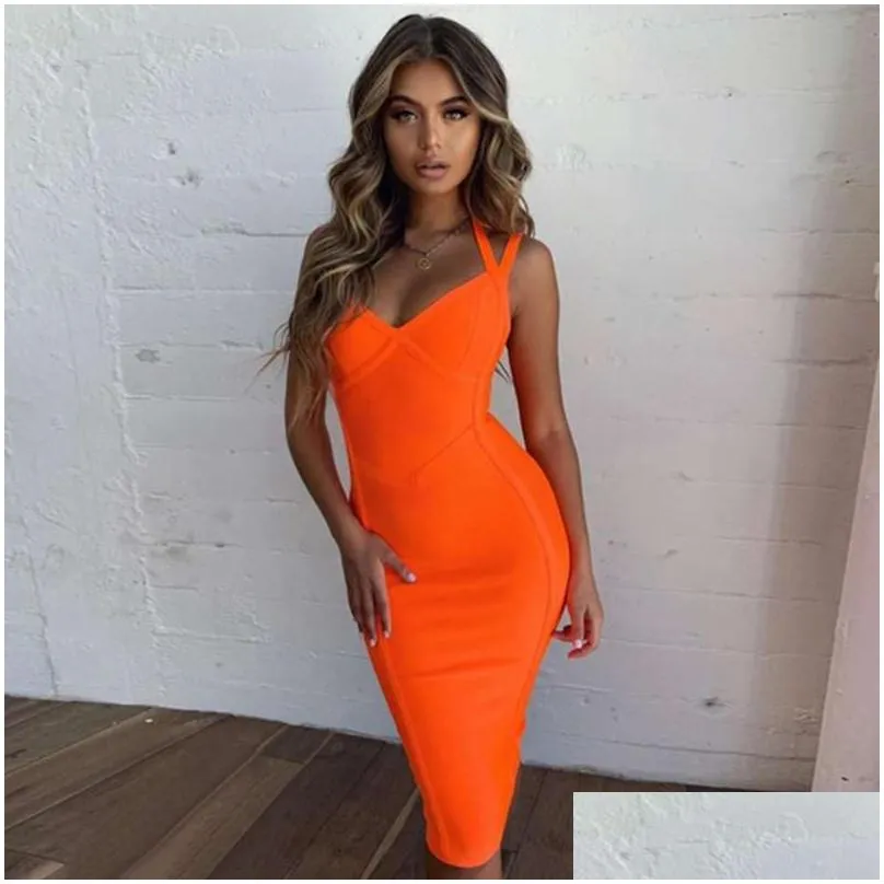 Basic & Casual Dresses Seamyla New Bodycon Bandage Dress Women Y Red White Halter V Neck Summer Club Celebrity Party Dresses Vestidos Dhgay