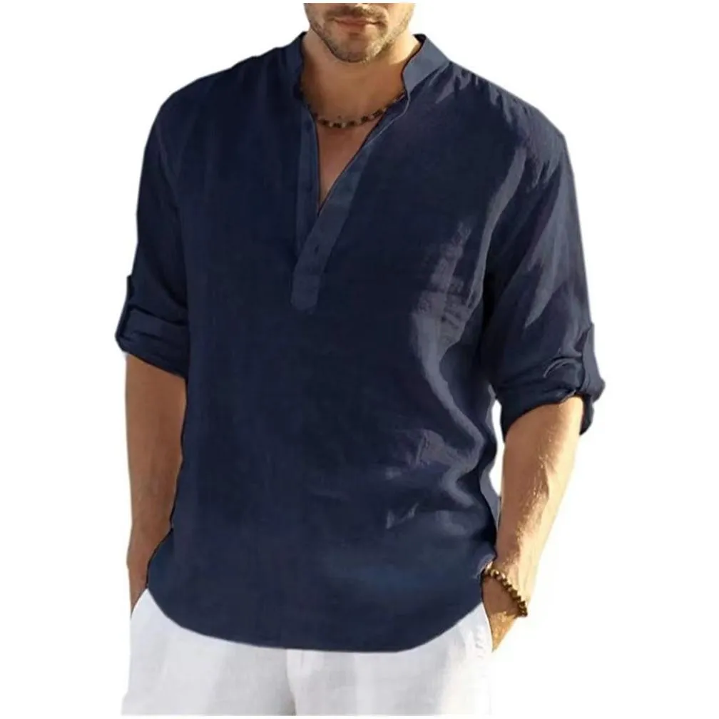 Men`S Dress Shirts Mens Dress Shirts Casual Shirt Vneck Sweatshirt Cotton Linen Blouse Loose Fashion Long Sleeve Spring Summer Brand Dheta