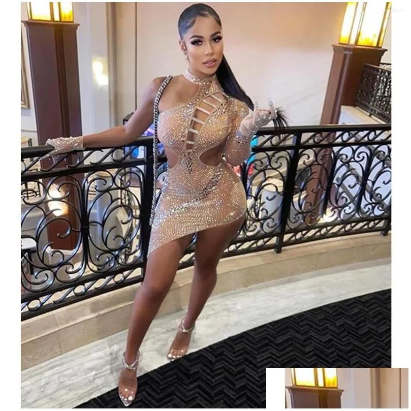 Basic & Casual Dresses Casual Dresses 2023 Womens Diamond Rhinestone Hollow Irregar Dress Fashion Long Sleeve Round Y Party Pencil Me Dht0O