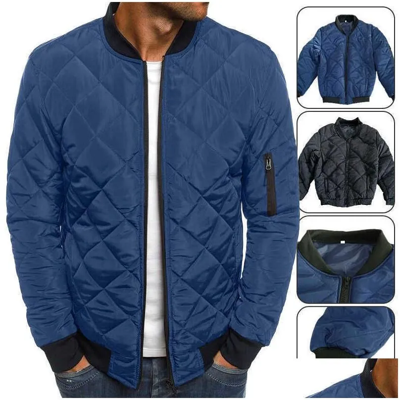 Men`S Jackets Mens Jackets Men Quilted Padded Jacket Casual Zip Up Winter Warm Bomber Plaid Stand-Up Coat Windproof Outwear Drop Deliv Dhulw