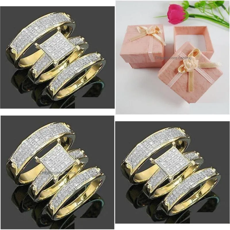 Wedding Rings Quoteaster Dayquotgift 3Pcs Fashion Trendy Jewelry Women039S 18K Gold Plated Copper Zircon Wedding Couples Ring Size 51 Dhcfj