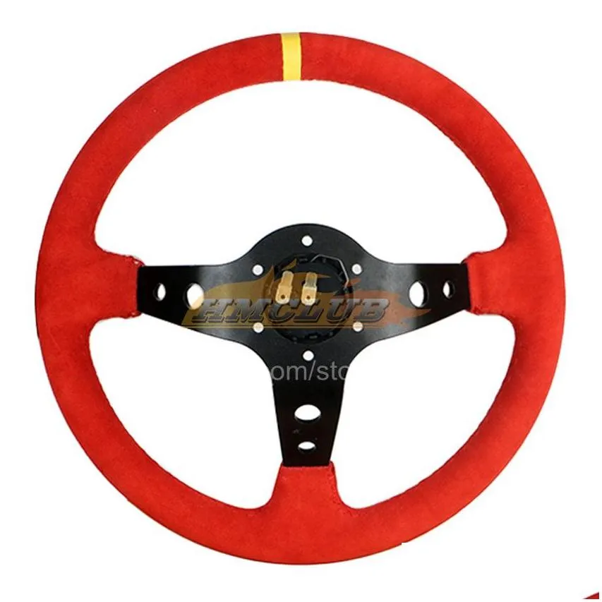 2022 universal 350mm 14inches suede/pvc leather car racing steering wheels deep corn drifting sport cars modification steering wheel horn button with logo 3