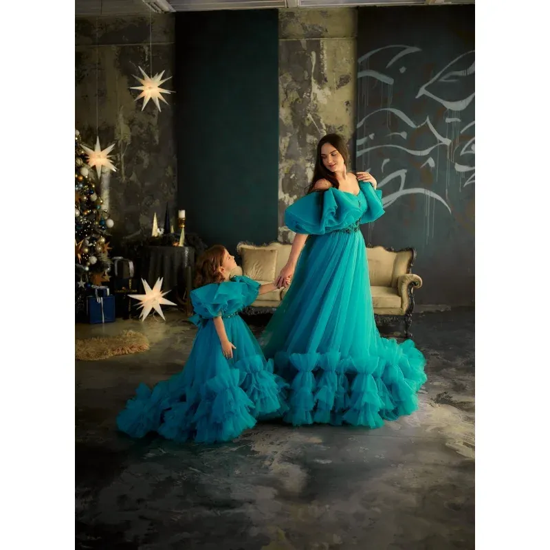 New Arrival Fluffy Mother And Me Tulle Dresses Ruffles With Train Plus Size For Photo Shoot Mom and Daughter Tulle Evening Dress