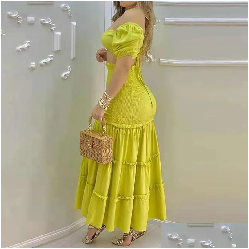 Two Piece Dress Women Elegant Dress Set Outfits O-Ring Crop Top Frill Hem Shirred Slit Maxi Skirt Casual Summer 210521 Drop Delivery Dhxac