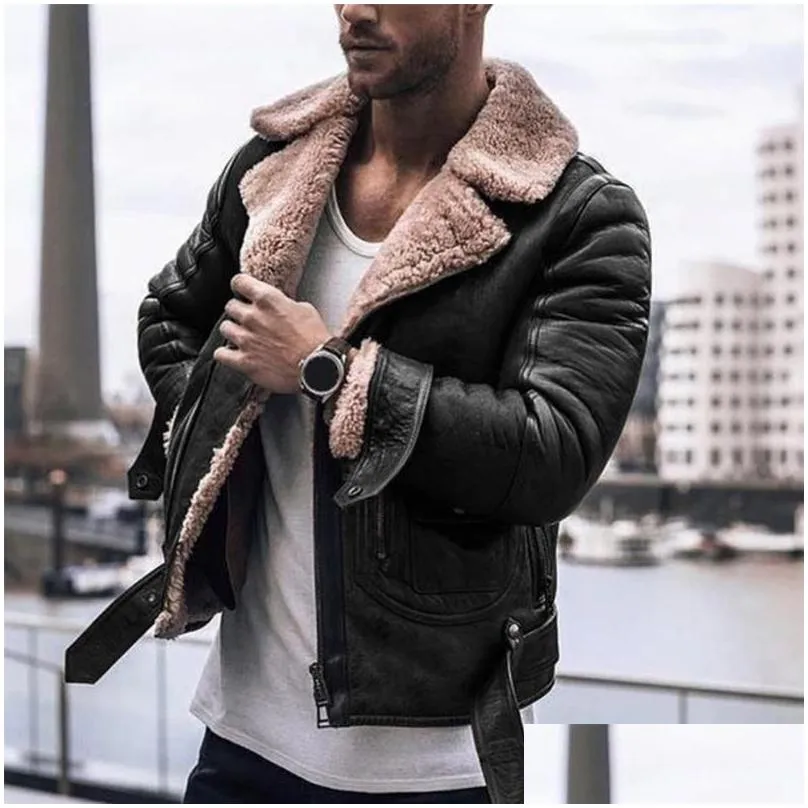 Men`S Jackets Fashion Jacket Men Faux Fur Lapel Collar Long Sleeve Vintage Leather Warm Outwear Motorcycle Coat Drop Delivery Apparel Dhzc2