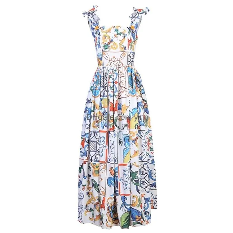 fashion runway summer dress womens red rose vacation vestidos long bow spaghetti strap blue white porcelain floral dress lj200812