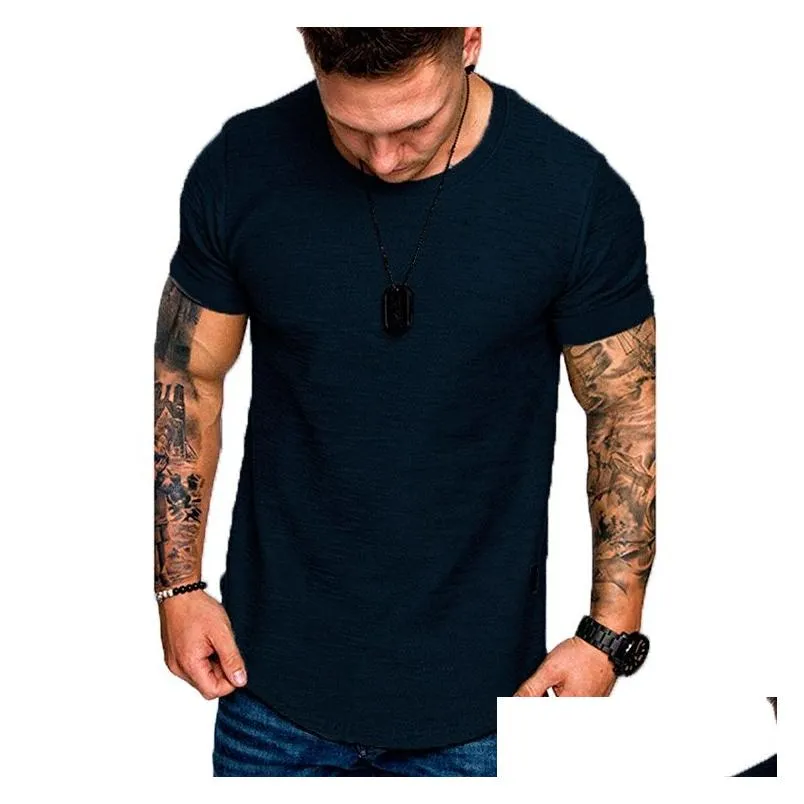 Men`S T-Shirts Curved Hem Hip Hop T-Shirt Men Urban Kpop Extended T Shirt Plain Longline Mens Tees Slim Fit Tshirts Military Bodybuild Dhc4U